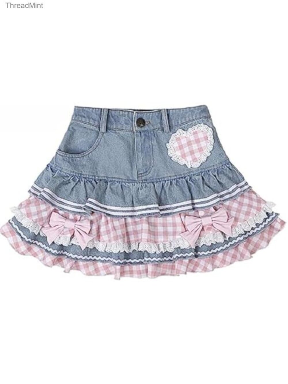 High Waisted Mini Denim Skirt Pleated Flared Cotton Lace Y2K Cute